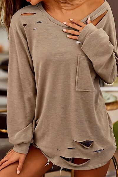 Distressed Pocketed Round Neck Long Sleeve T-Shirt