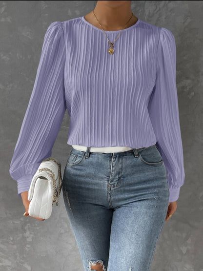 Textured Round Neck Long Sleeve Blouse