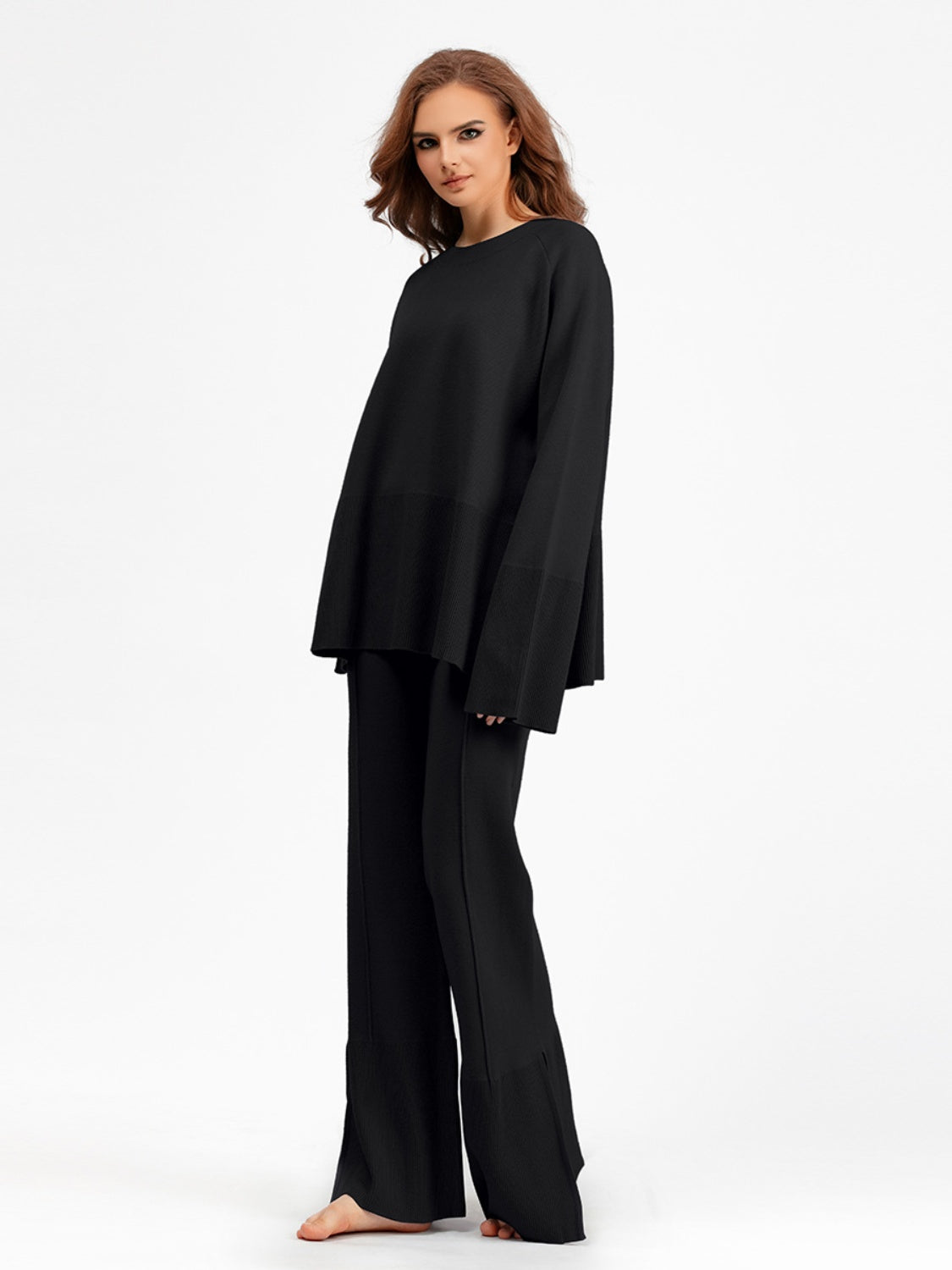 Basic Bae Slit Round Neck Long Sleeve Top and Drawstring Pants Sweater Set