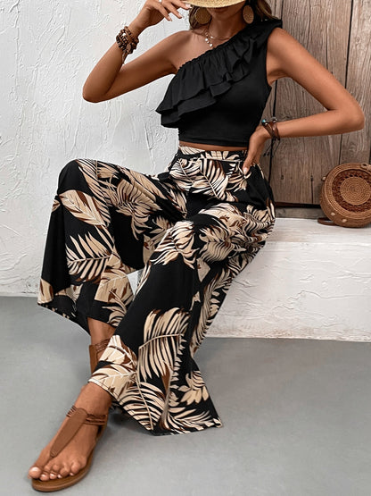 Ruffled Sleeveless Top and Printed Pants Set