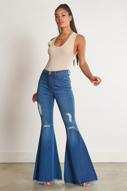 High-Waisted Distressed Flare Jeans