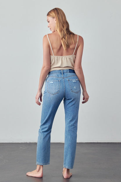 High Rise Distressed Straight Jeans