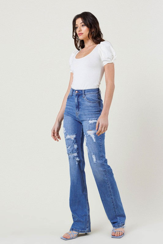 High Rise Distressed Straight Leg Jeans