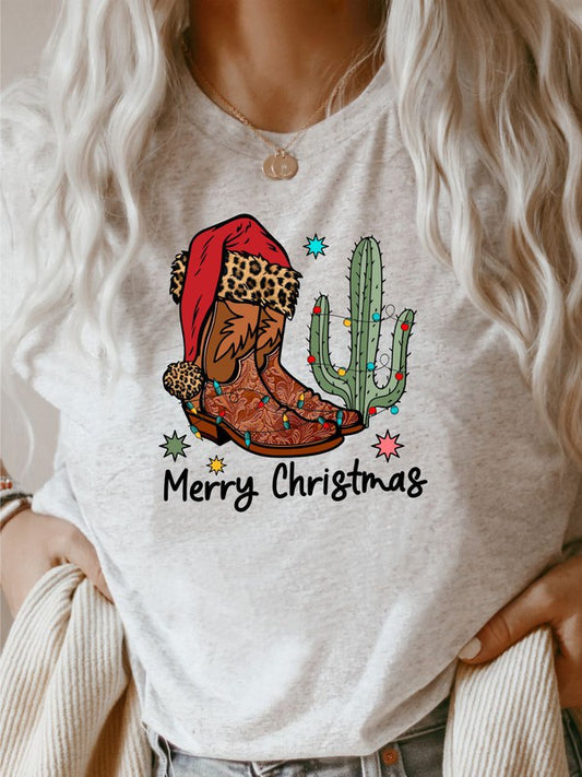 Merry Christmas Cowboy Boots Short Sleeve Tee