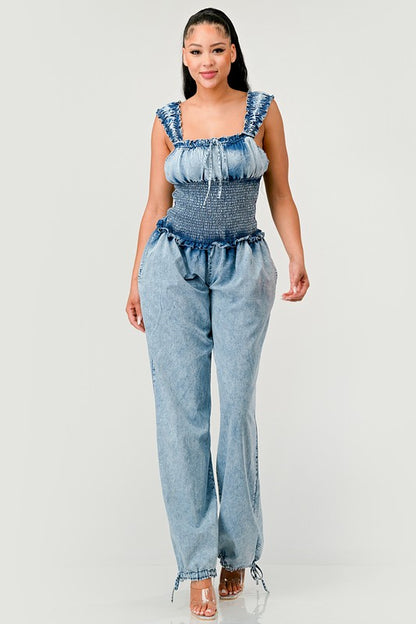 Chambray Charm Ruffled Jumpsuit