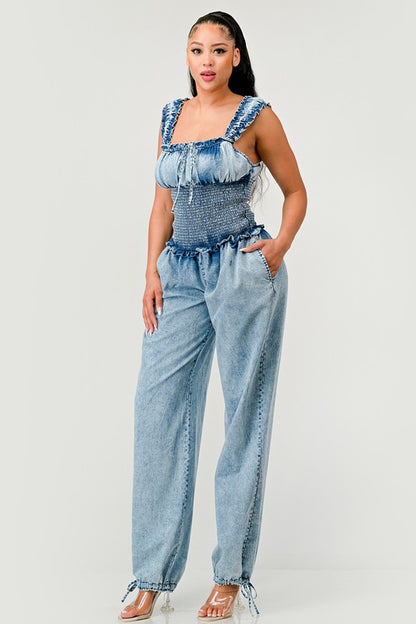 Chambray Charm Ruffled Jumpsuit