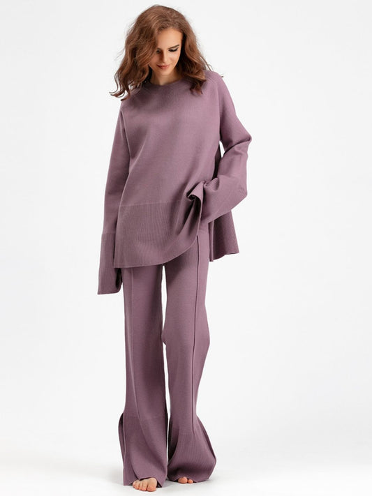 Basic Bae Slit Round Neck Long Sleeve Top and Drawstring Pants Sweater Set