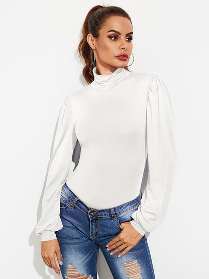 Backless Tie-Waist Turtleneck Lantern Sleeve Bodysuit