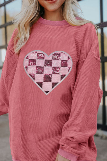 Valentine’s Day Sequin Checkered Heart Long Sleeve Sweatshirt