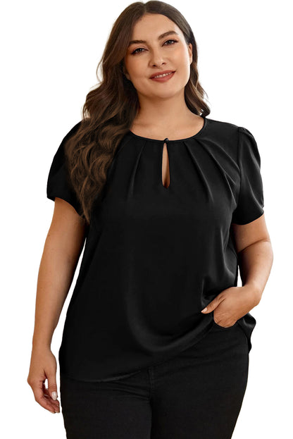 Black Keyhole Crew Neck Pleated Plus Size Top