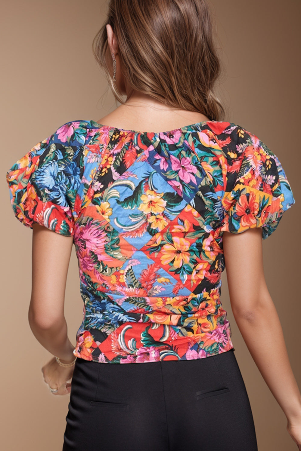 Ruched Printed V-Neck Short Sleeve Blouse