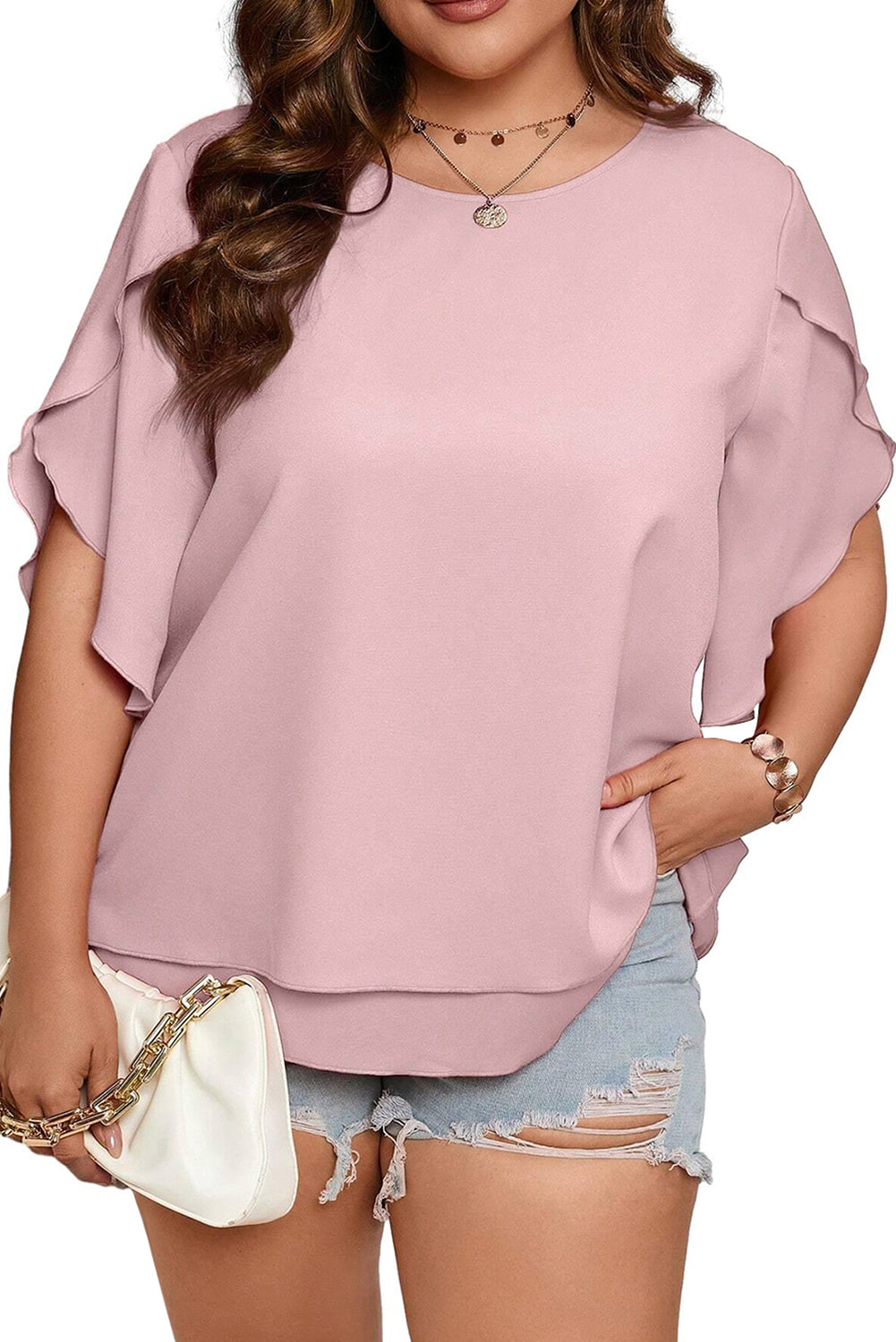 Light Pink Plus Size Frilly Overlap Sleeve Double Layered Blouse