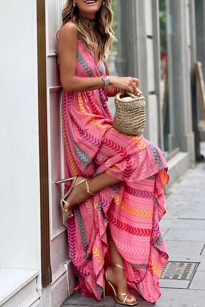 Wholesale Pink Boho Tassel Tie V Neck Wrapped Maxi Dress