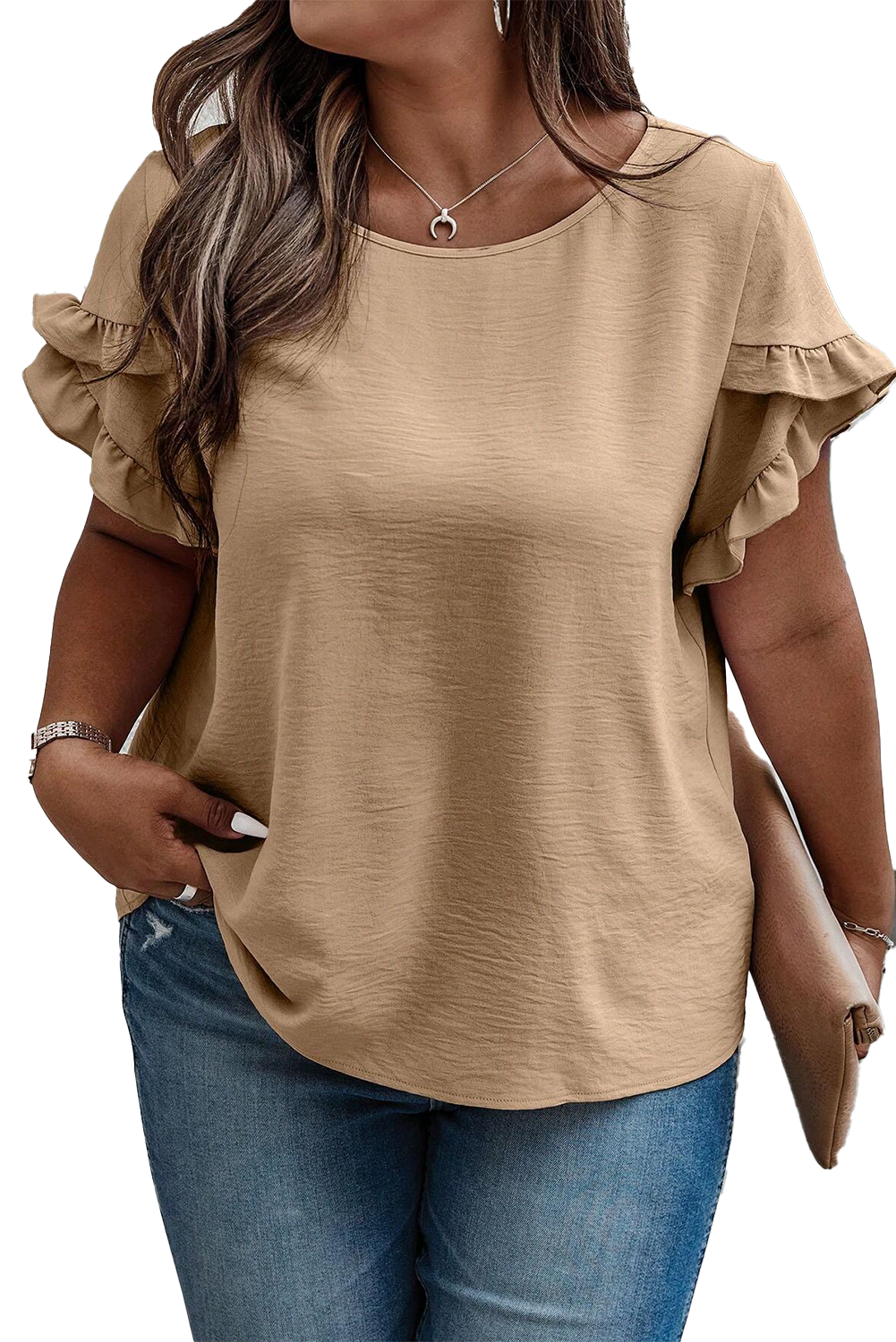 Dark Grey Ruffled Short Sleeve Plus Size Top