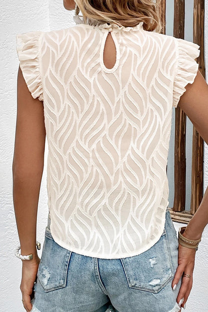 White Solid Color Textured Frill Neck Ruffle Sleeveless Blouse