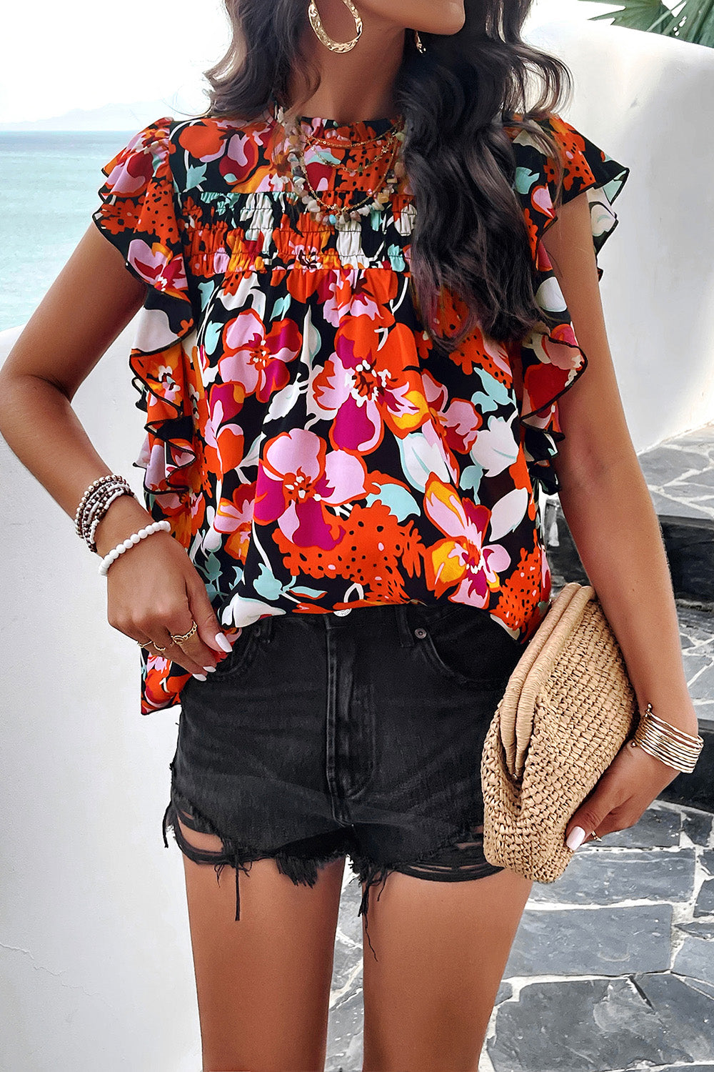 Smocked Printed Mock Neck Cap Sleeve Blouse