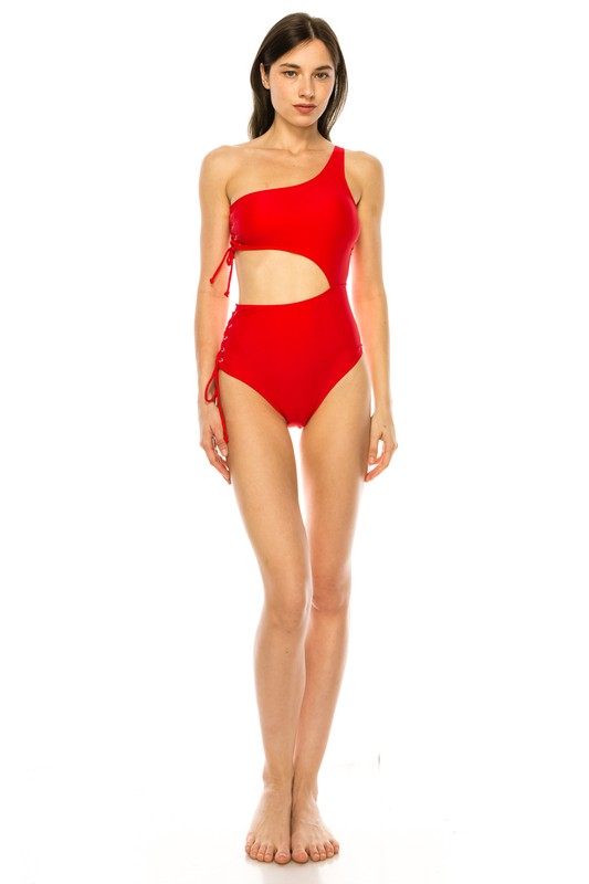 ONE PIECE SIDE LACE CUTOUT ONE SHOULDER SWIMSUIT