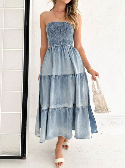 Slit Smocked Tube Tiered Denim Dress