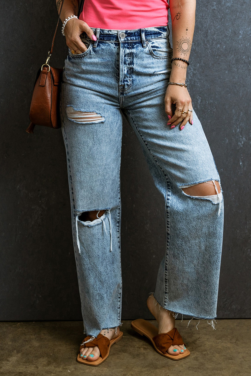 Distressed Raw Hem Straight Jeans