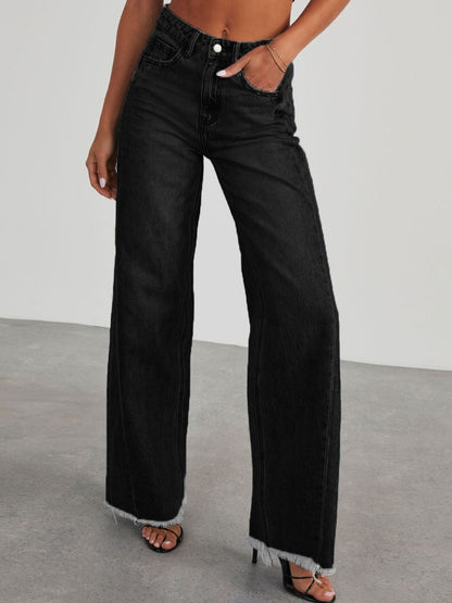 Raw Hem Wide Leg Jeans with Pockets