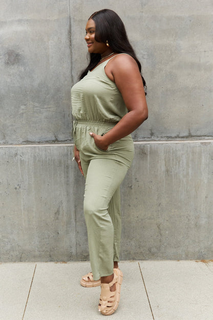 ODDI Full Size Textured Woven Jumpsuit in Sage