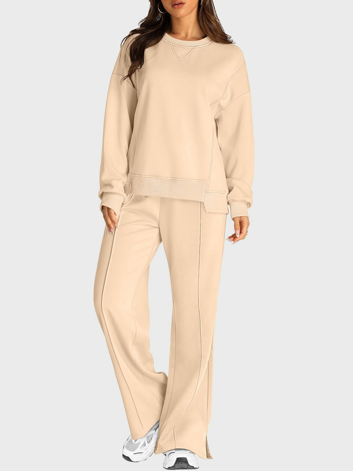 Round Neck Long Sleeve Top and Slit Pants Set