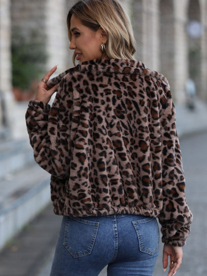 Leopard Collared Neck Zip Up Jacket