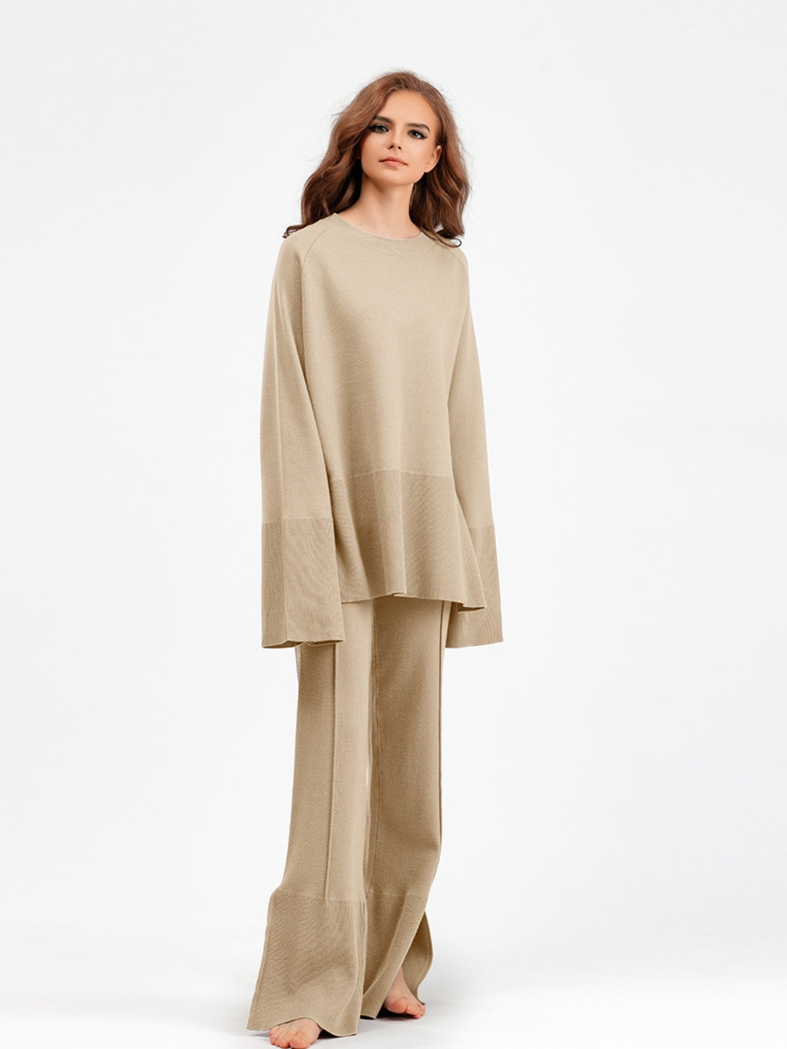 Basic Bae Slit Round Neck Long Sleeve Top and Drawstring Pants Sweater Set