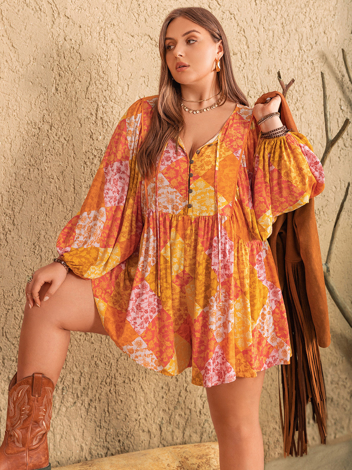 Plus Size Floral Tie Neck Balloon Sleeve Romper