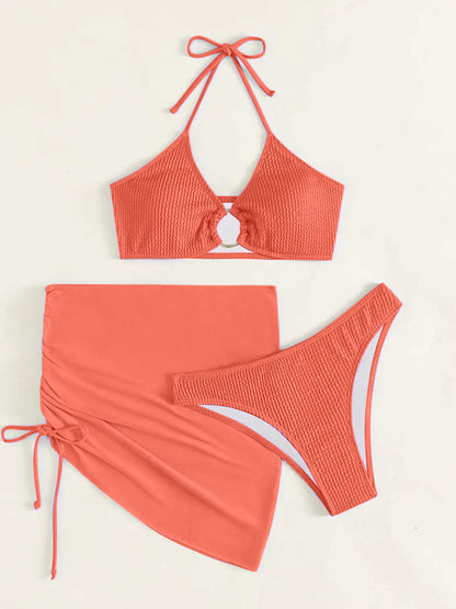 Tied Halter Neck Three-Piece Swim Set