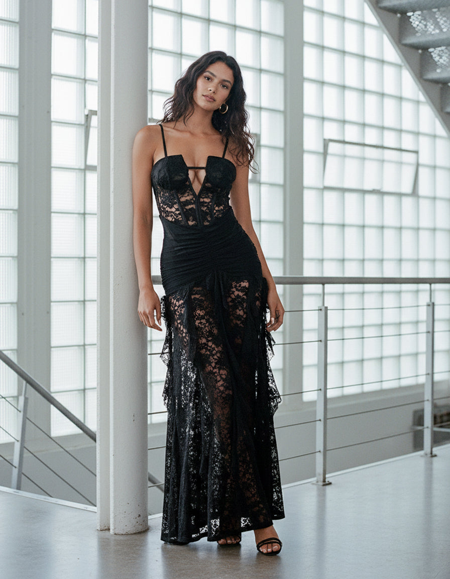 Noir Lace Corset Maxi Dress