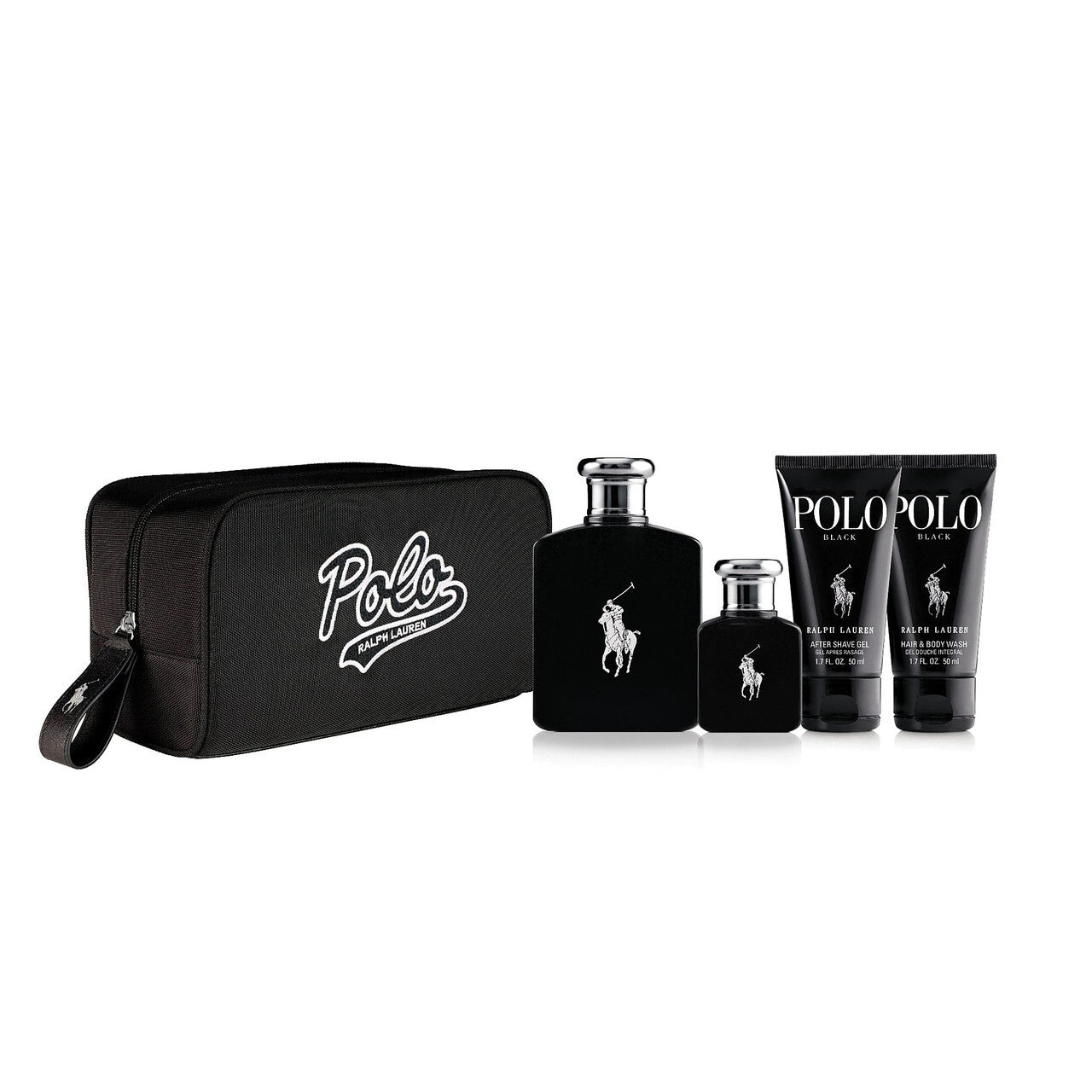 POLO BLACK 5 PCS SET: 4.2 EAU DE TOILETTE SPRAY + 1.36 EAU DE TOILETTE SPRAY + 1.7 AFTER SHAVE GEL + 1.7 BODY WASH + TRAVEL KIT