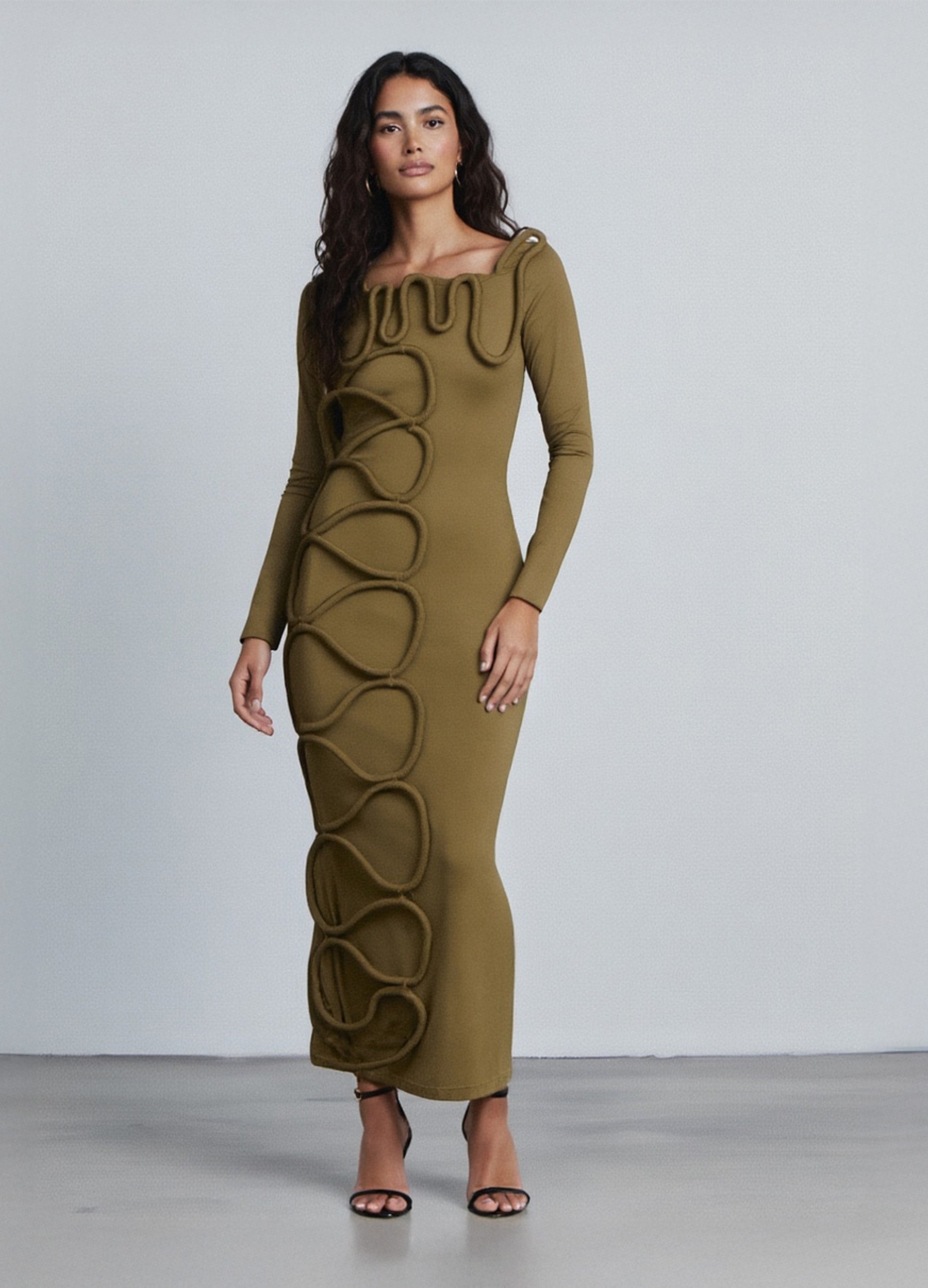 Sculptural Cascade Olive Maxi Dress