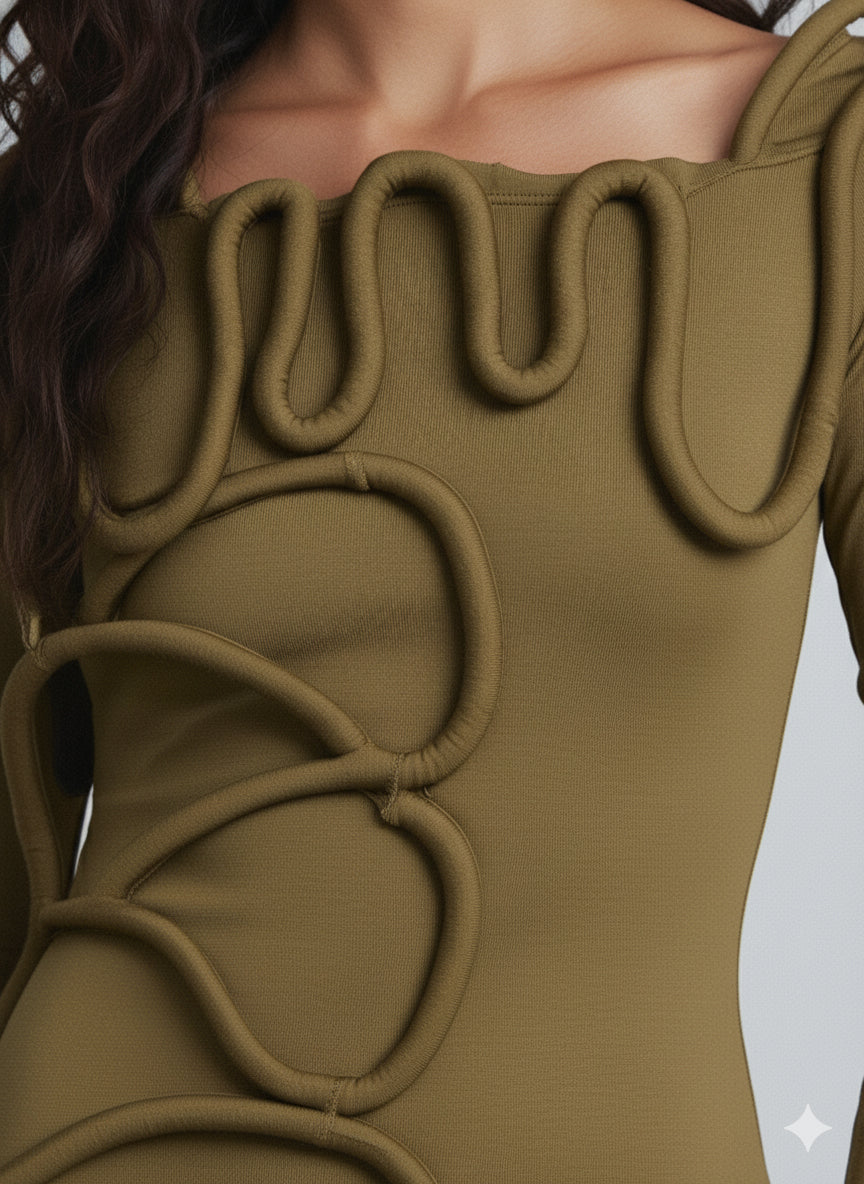 Sculptural Cascade Olive Maxi Dress