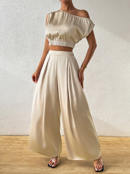 One Shoulder Short Sleeve Top and Wide Leg Pants Set