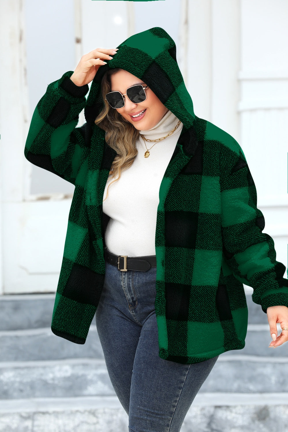 Plus Size Plaid Button Up Hooded Jacket