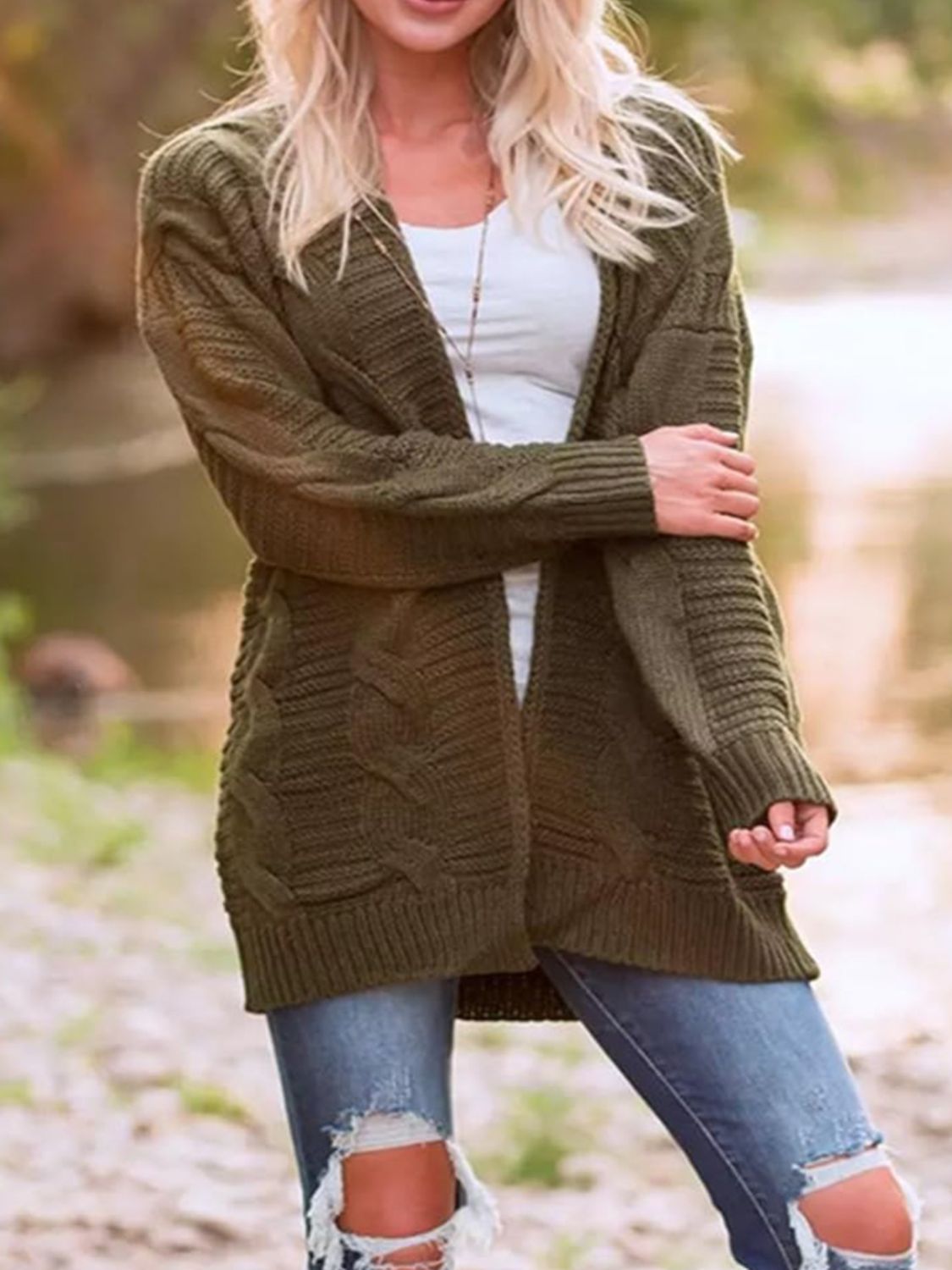 Cable-Knit Open Front Long Sleeve Cardigan