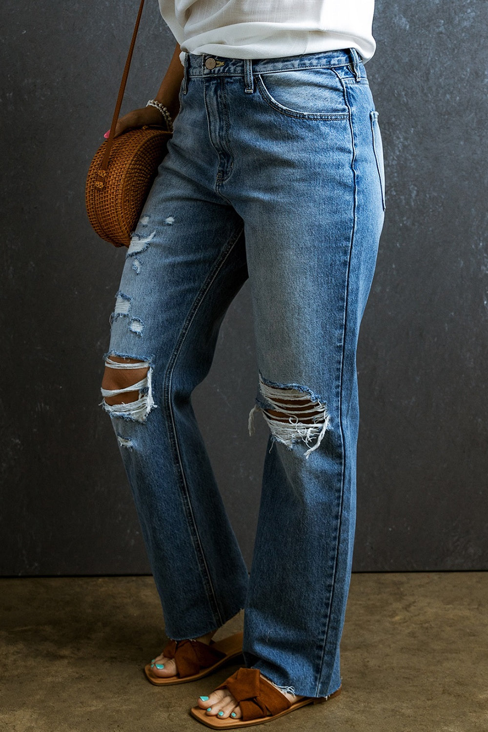 Distressed Raw Hem Jeans with Pockets