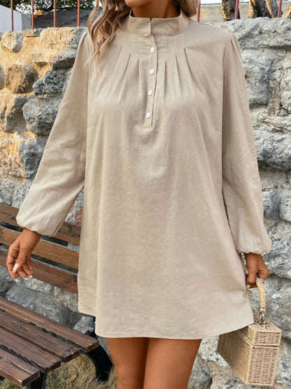 Half Button Mock Neck Long Sleeve Mini Shirt Dress