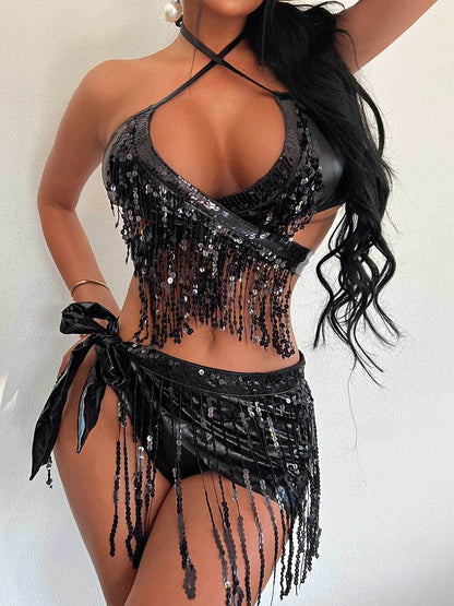 Sequin Halter Neck Three-Piece Swim Set