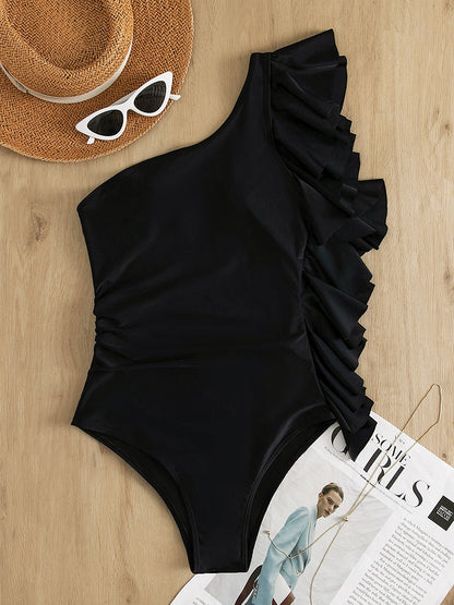 Ruffled Single Shoulder One-Piece Swimwear