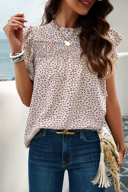 Smocked Printed Mock Neck Cap Sleeve Blouse