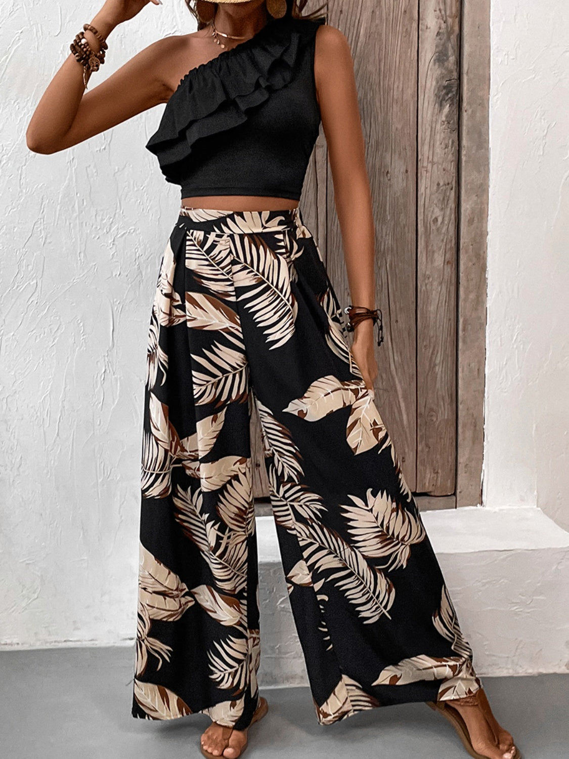 Ruffled Sleeveless Top and Printed Pants Set