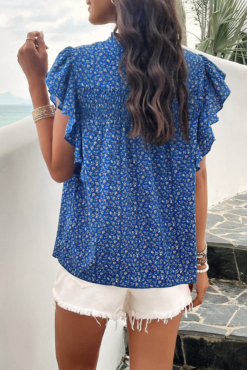 Smocked Printed Mock Neck Cap Sleeve Blouse