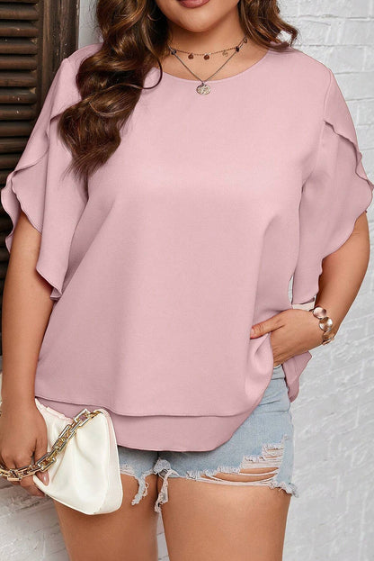 Light Pink Plus Size Frilly Overlap Sleeve Double Layered Blouse