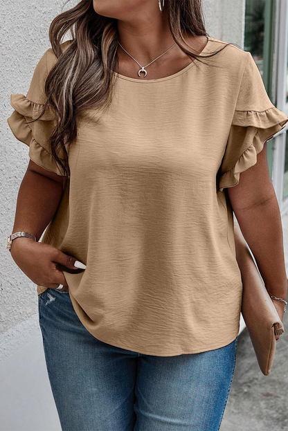 Dark Grey Ruffled Short Sleeve Plus Size Top