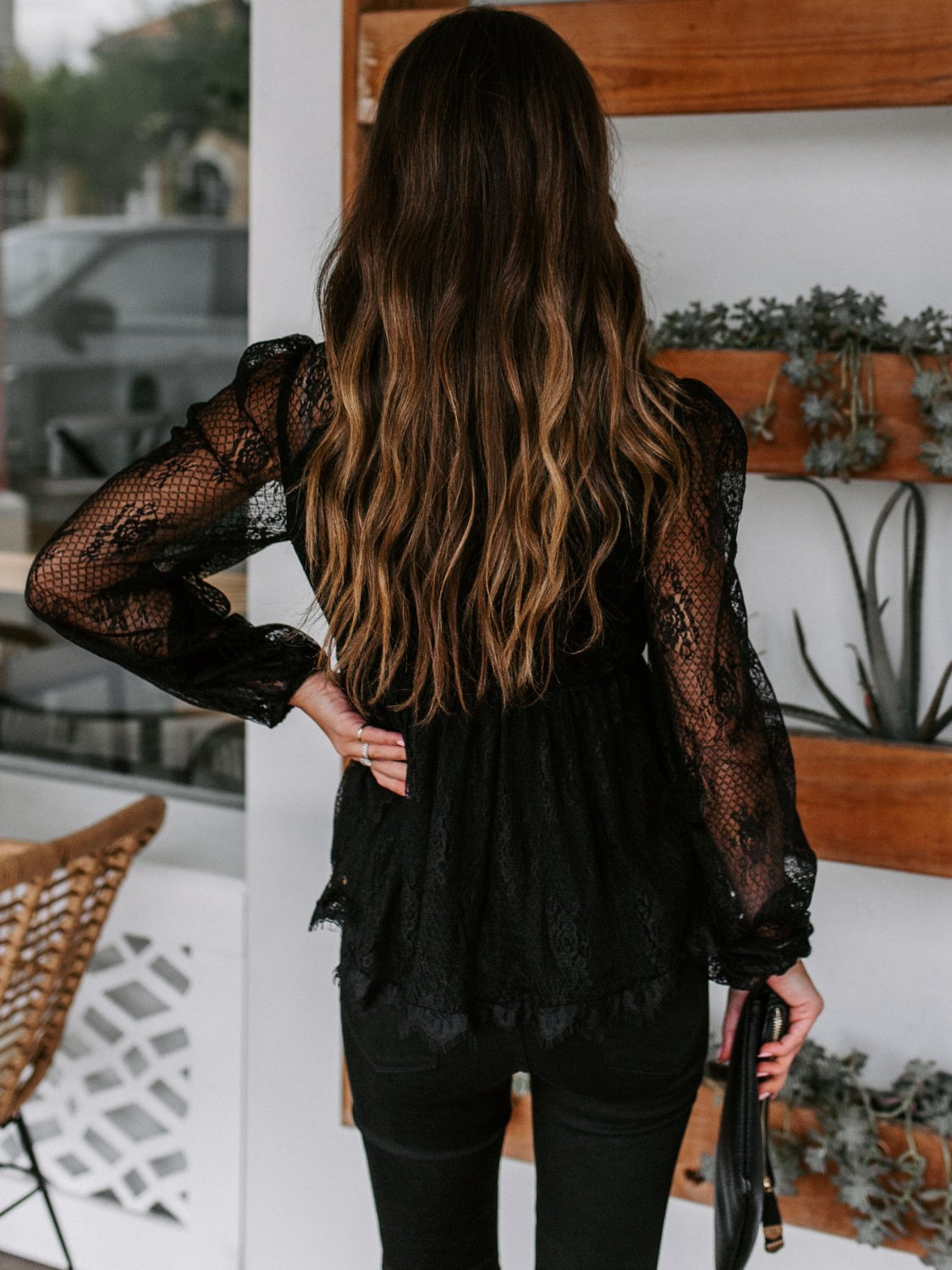 Lace Detail Plunge Long Sleeve Blouse