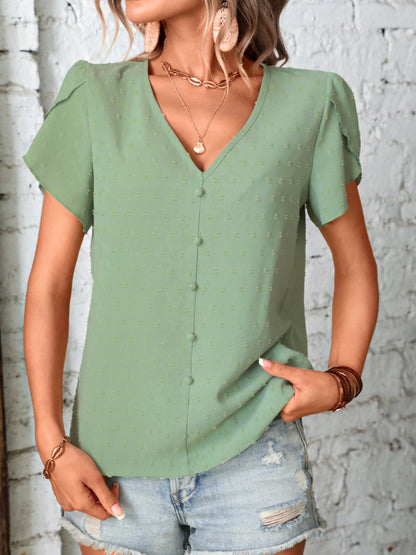 Swiss Dot V-Neck Petal Sleeve Blouse