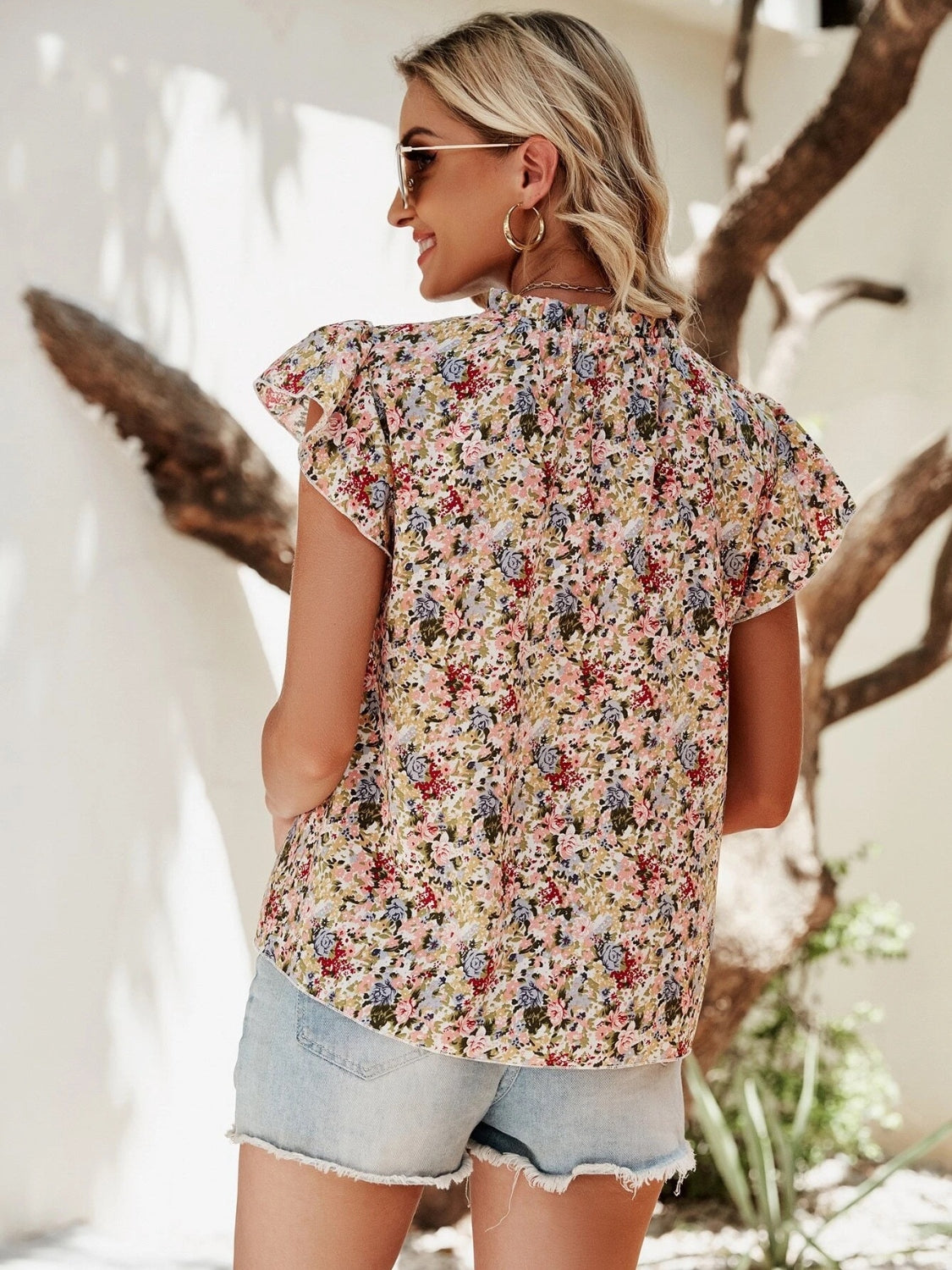 Floral Notched Cap Sleeve Blouse