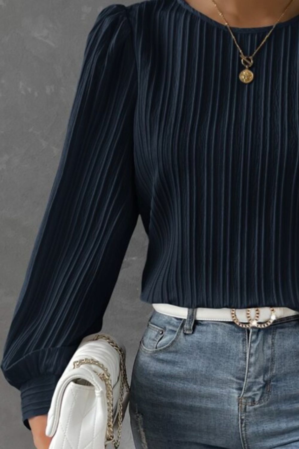 Textured Round Neck Long Sleeve Blouse